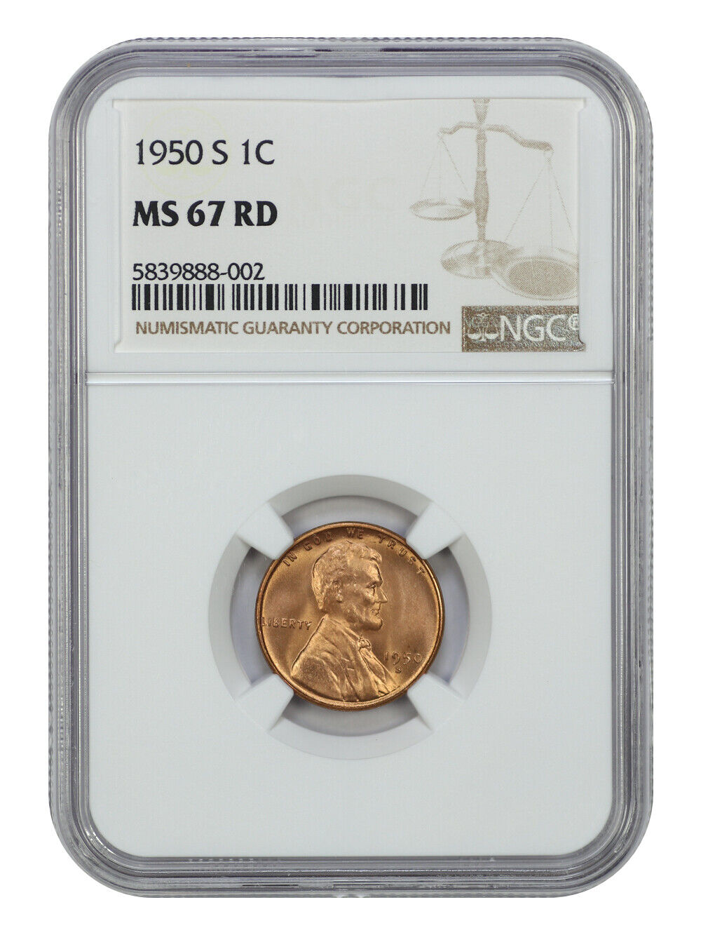 1950-S 1C NGC MS67RD - Lincoln Cent (Wheat Reverse)