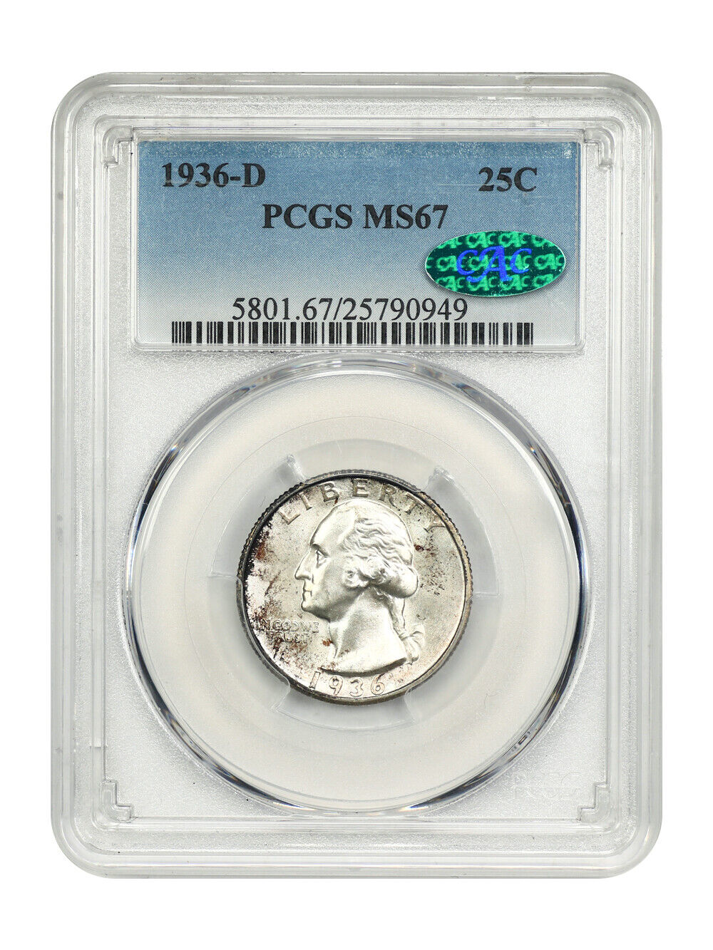 1936-D 25C PCGS/CAC MS67