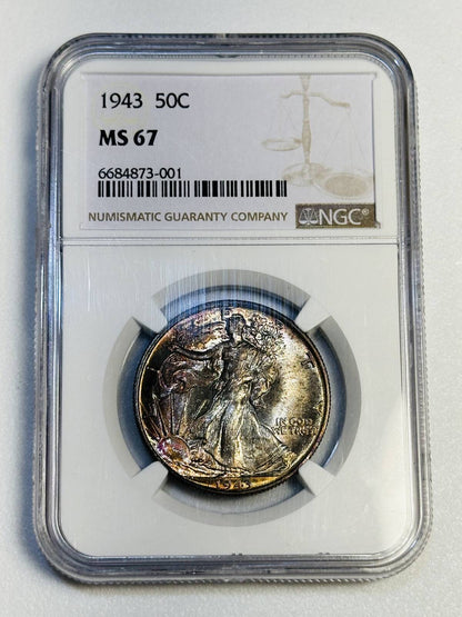 1943 P Walking Liberty Half Dollar NGC MS-67 Rainbow Toning