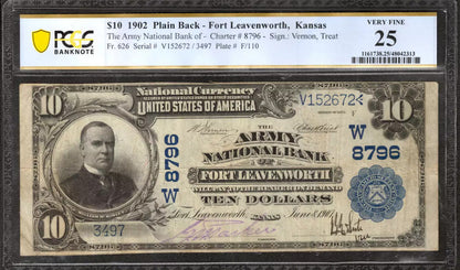 1902 $10 ARMY NATIONAL BANK NOTE CURRENCY FORT LEAVENWORTH KANSAS PCGS B VF 25