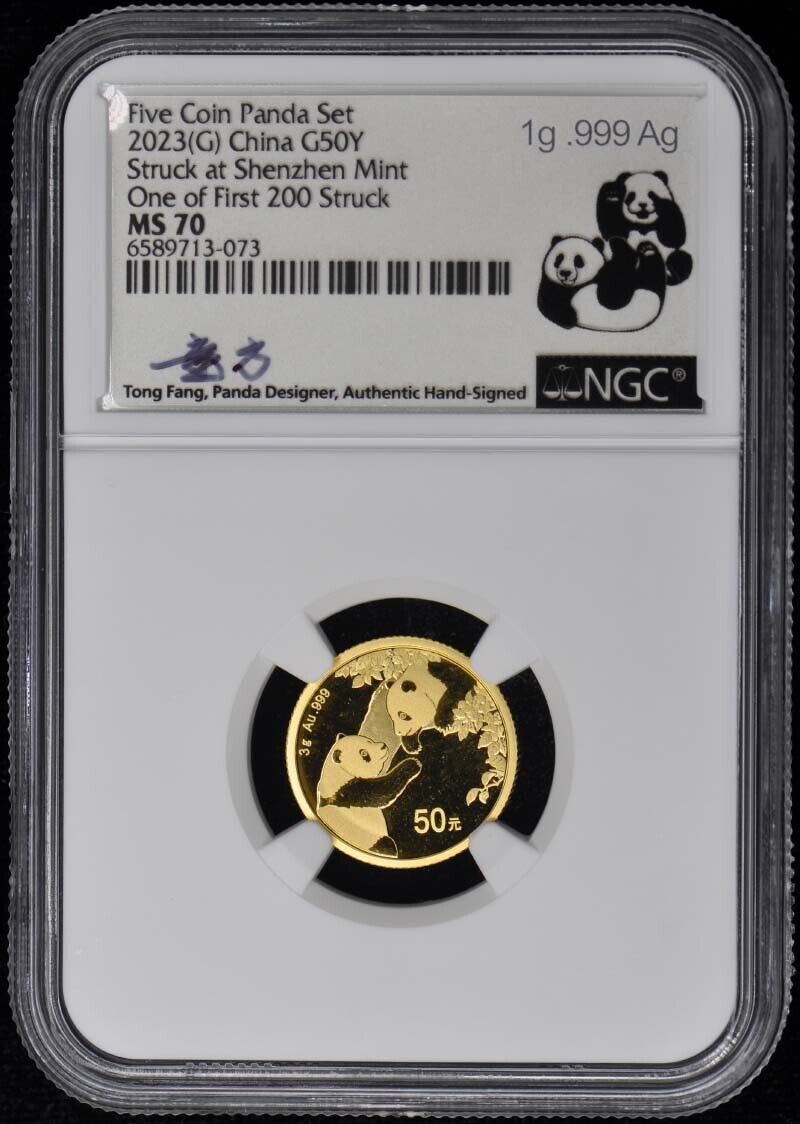 2023 China Gold Panda 5-Coin Set NGC MS70 1st Day Signed Silver Labels