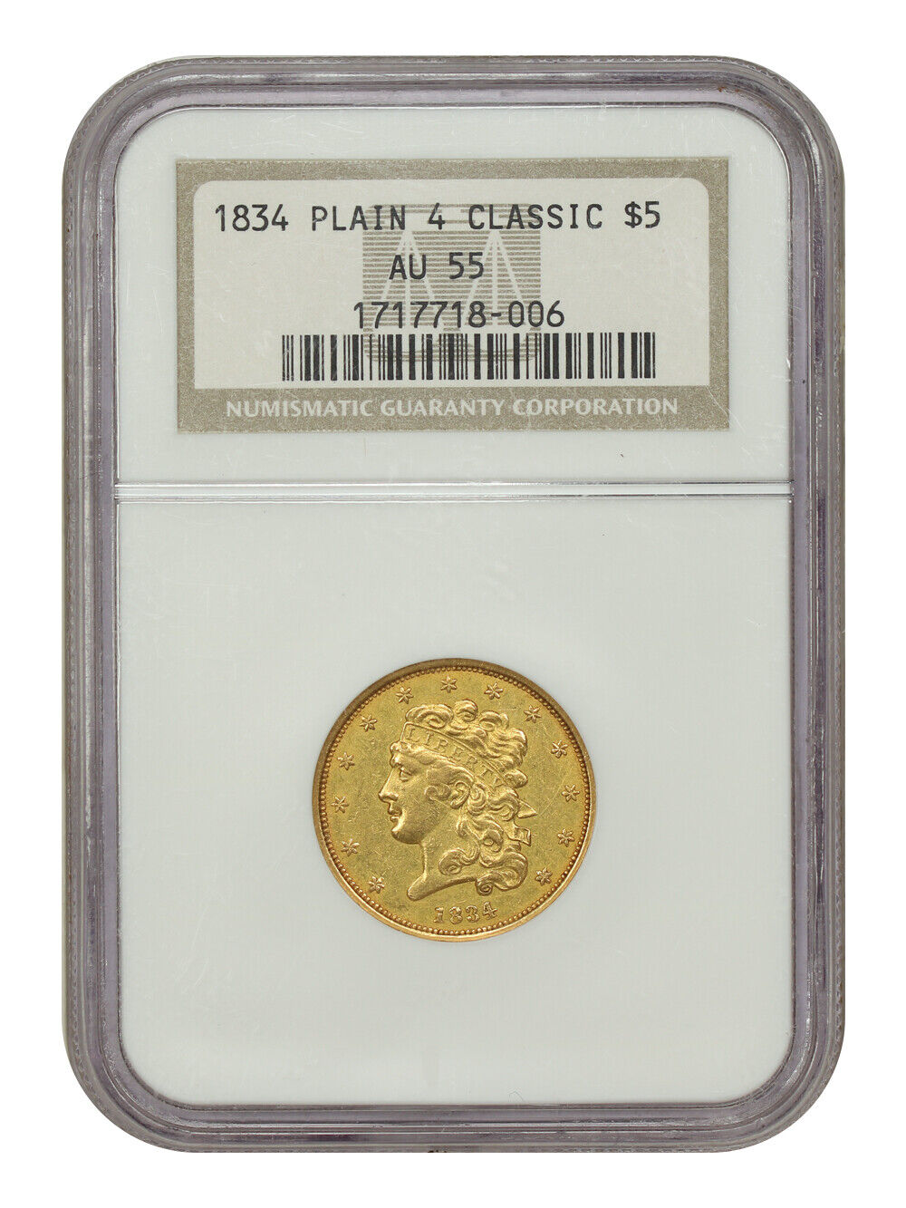 1834 $5 Classic NGC AU55 (Plain 4) - Classic Head $5