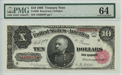 1890 $10 Treasury Note Small Red Scalloped Fr# 368 PMG CU64