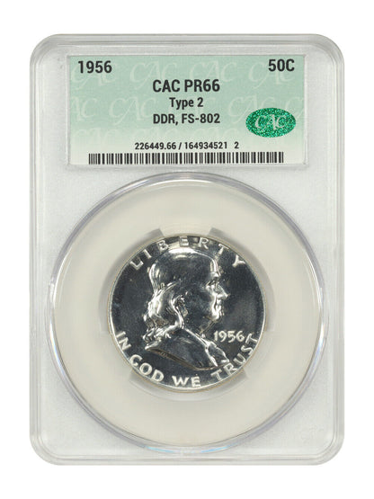 1956 50C CACG PR66 (Type 2, DDR, FS-802) - Franklin Half Dollar