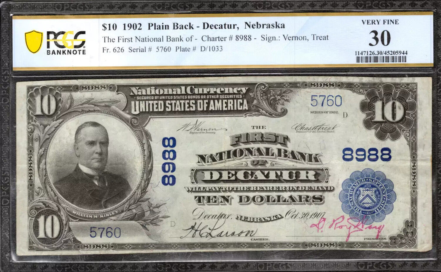 1902 $10 FIRST NATIONAL BANKNOTE CURRENCY DECATUR NEBRASKA PCGS 30 VF (760)