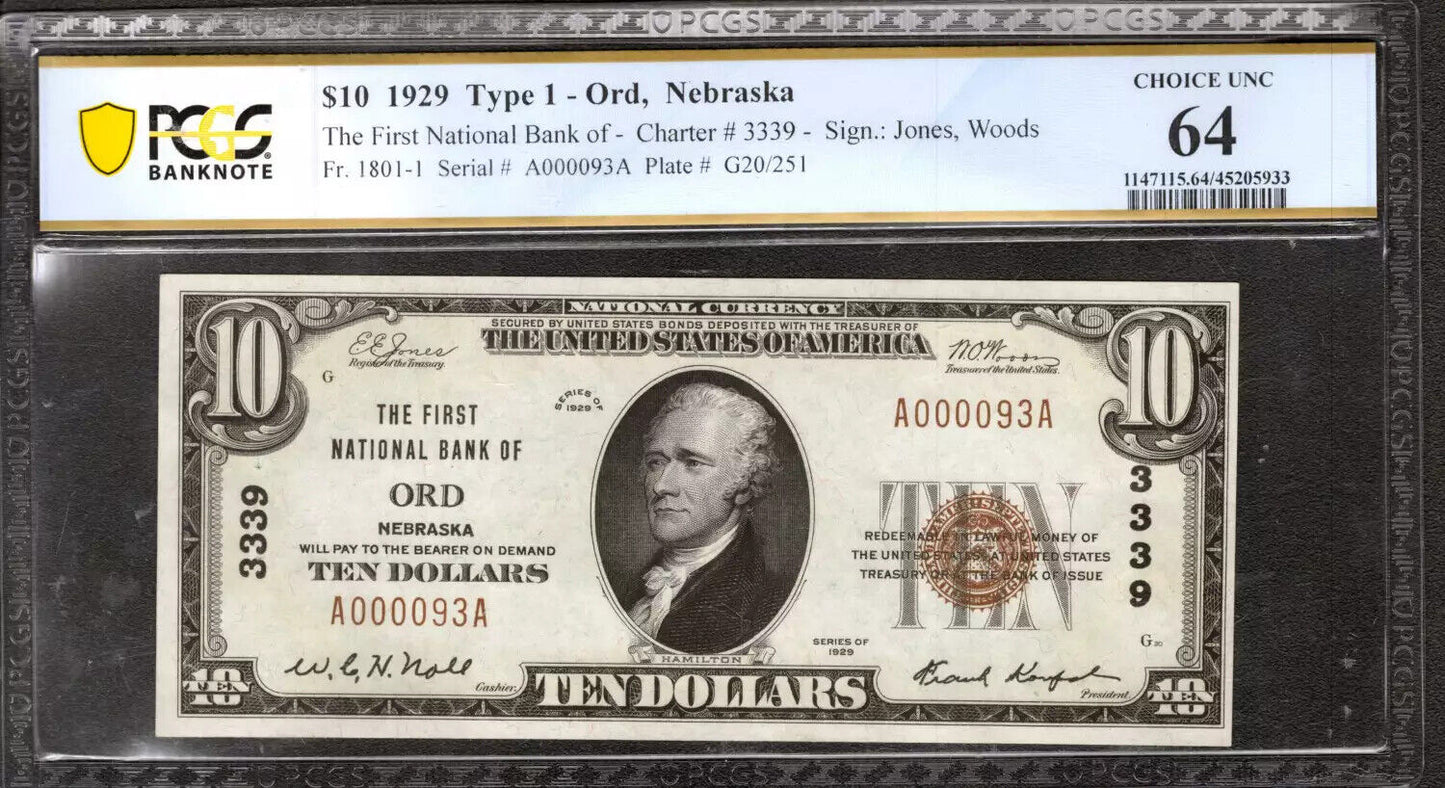 1929 $10 FIRST NATIONAL BANKNOTE CURRENCY ORD NEBRASKA PCGS 64 CHOICE UNC (093A)