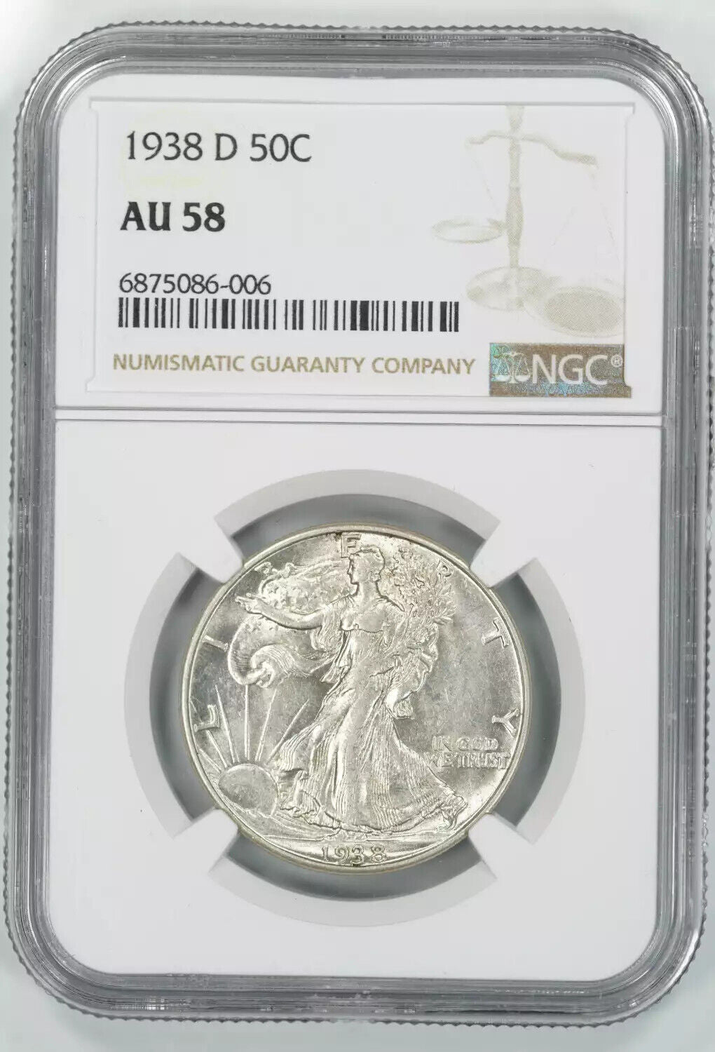 1938 D WALKING LIBERTY HALF DOLLAR 50C NGC CERTIFIED AU 58 ABOUT UNC (006)