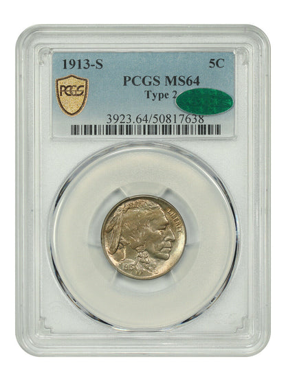 1913-S 5C PCGS/CAC MS64 (Type 2) - Buffalo Nickel - Key Date S-Mint