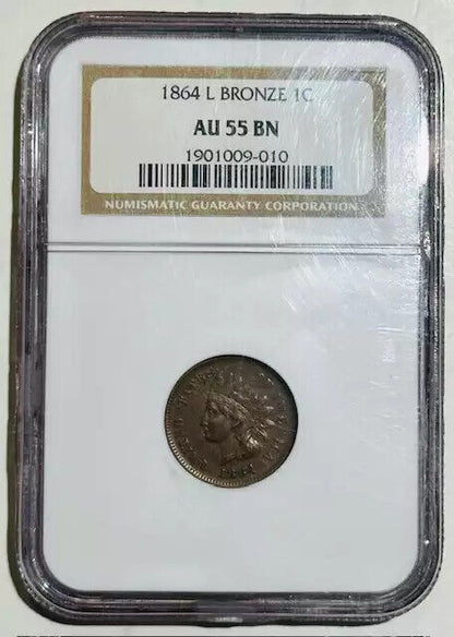 1864 L Bronze Small Cent Indian Head NGC AU-55 BN