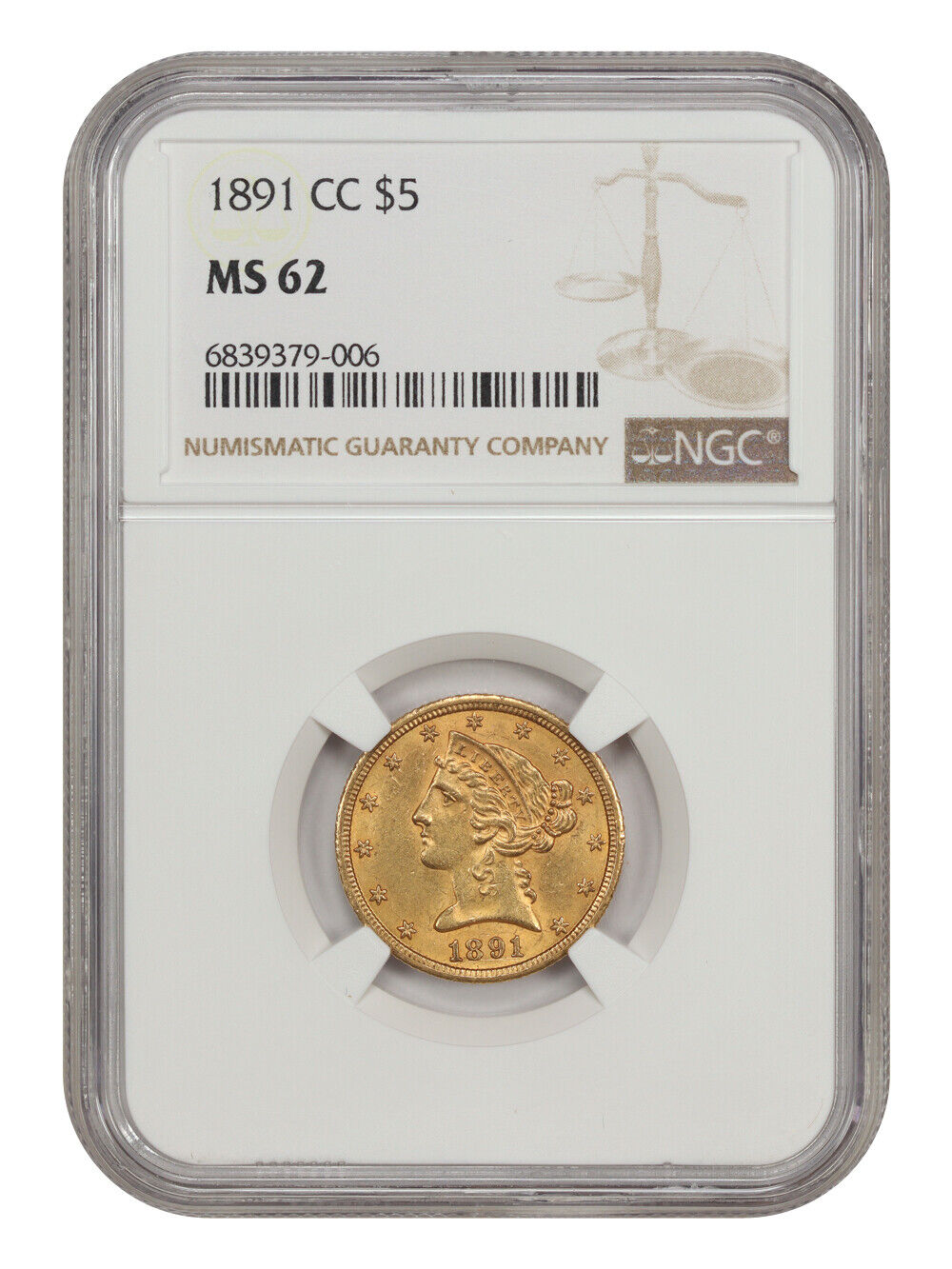 1891-CC $5 NGC MS62 - Liberty Head $5 - Popular Carson City Gold Eagle