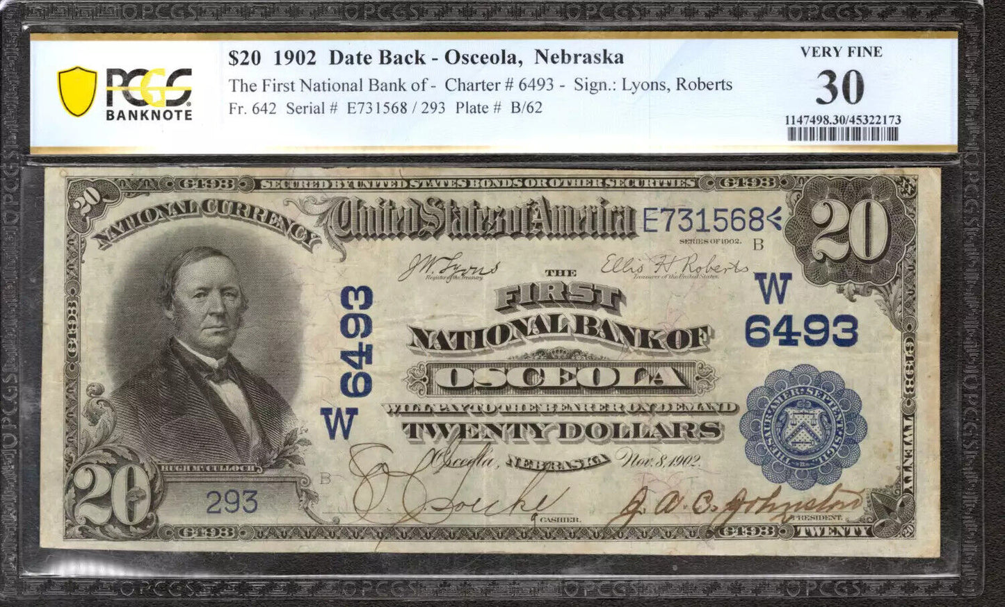 1902 $20 FIRST NATIONAL BANKNOTE CURRENCY OSCEOLA NEBRASKA PCGS 30 VF (568)