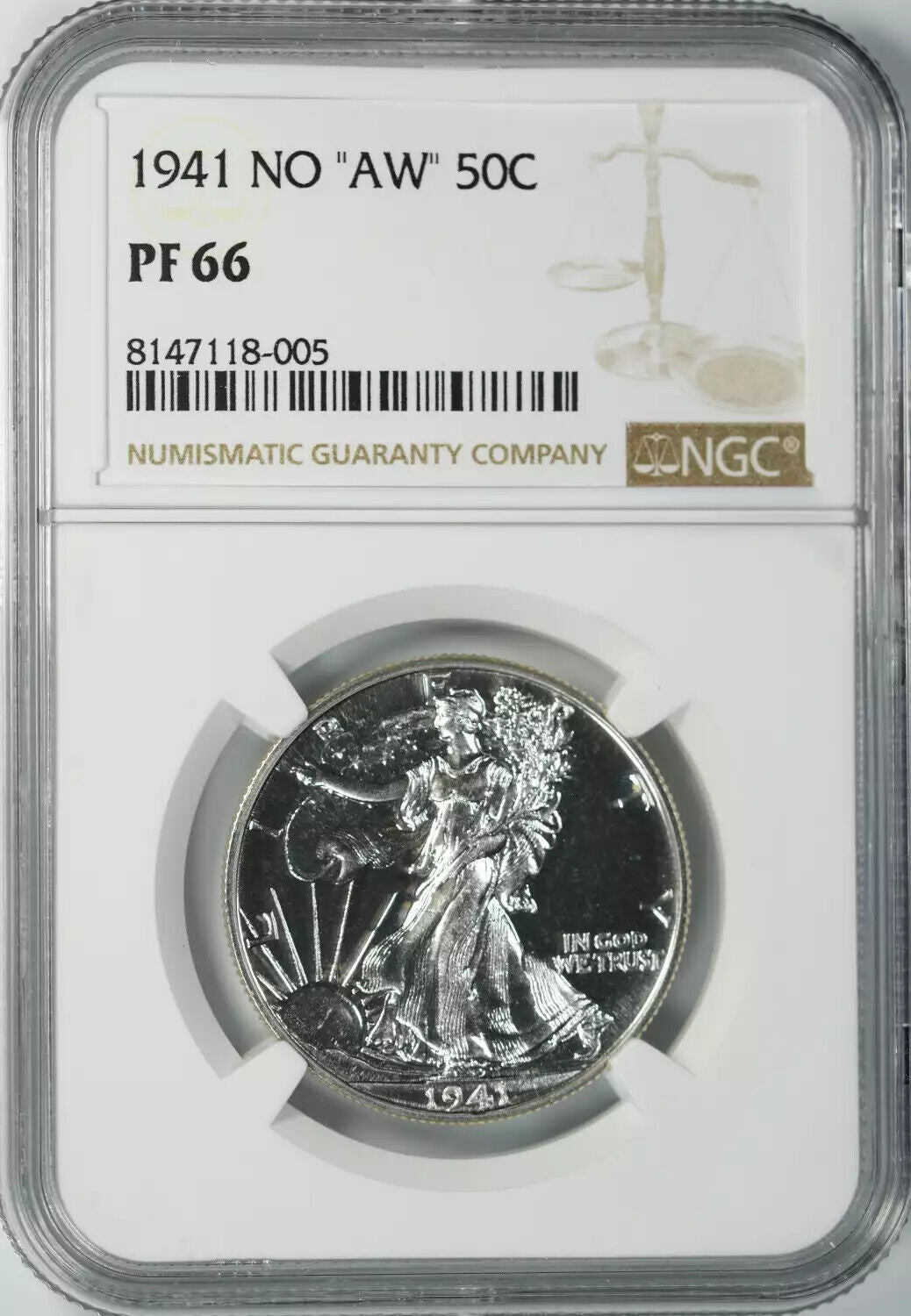 1941 PROOF WALKING LIBERTY HALF DOLLAR 50C NGC CERTIFIED PF 66 NO 'AW' (005)