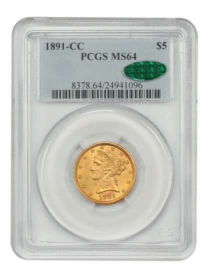 1891-CC $5 PCGS/CAC MS64 - Liberty Head $5 - Popular Carson City Gold Eagle