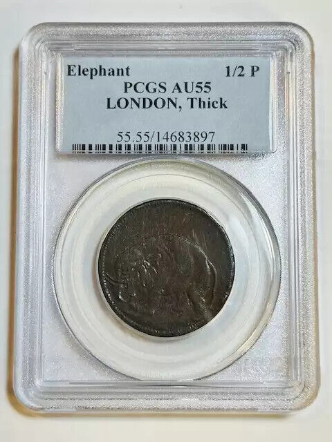 1694 Colonial London Elephant Half penny PCGS AU-55 BN Thick Planchet