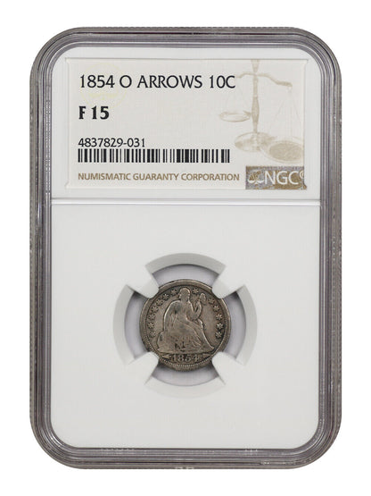 1854-O 10C NGC F15 (Arrows)