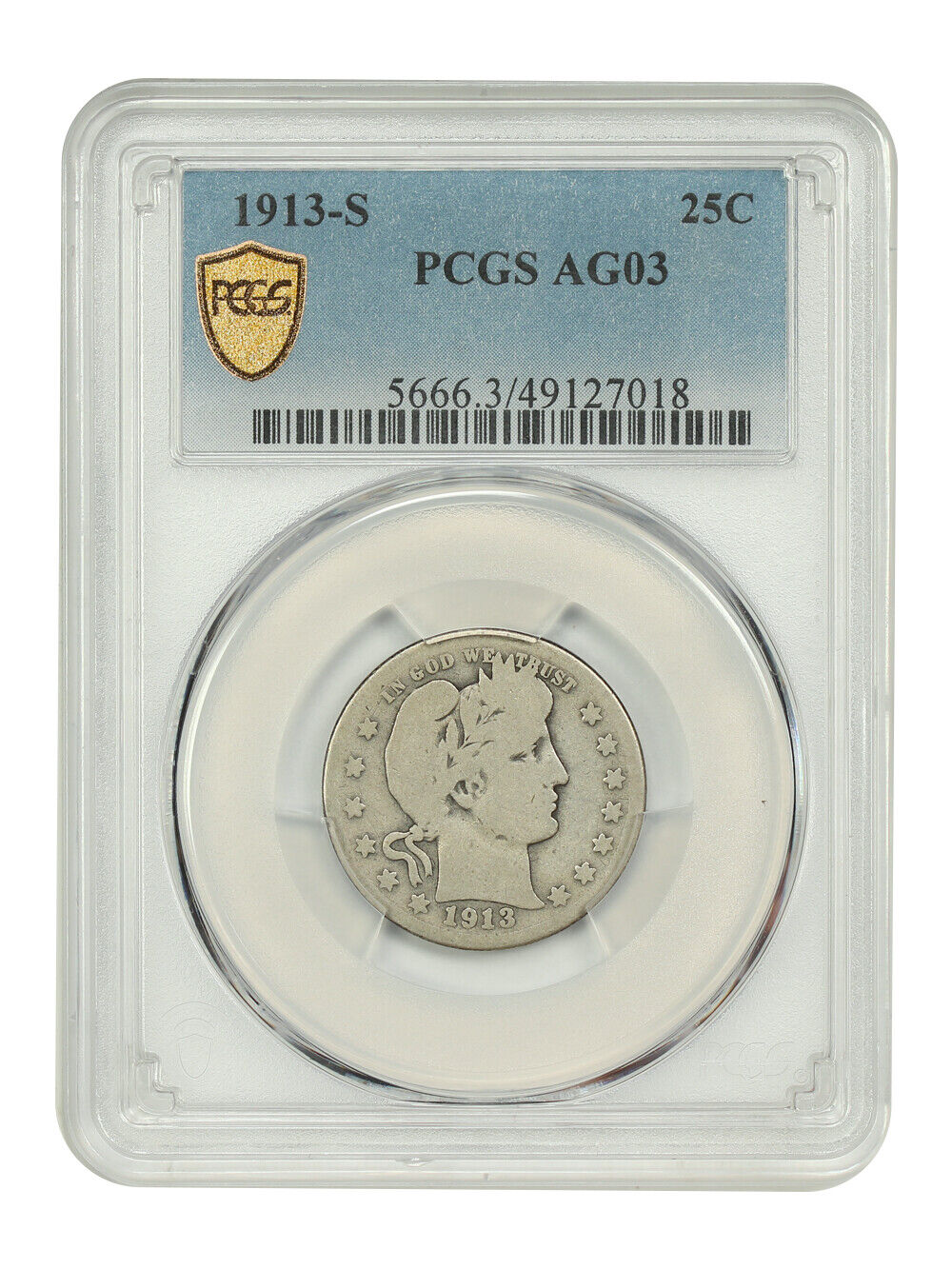 1913-S 25C PCGS AG03 - Barber Quarter - Famous Key Date