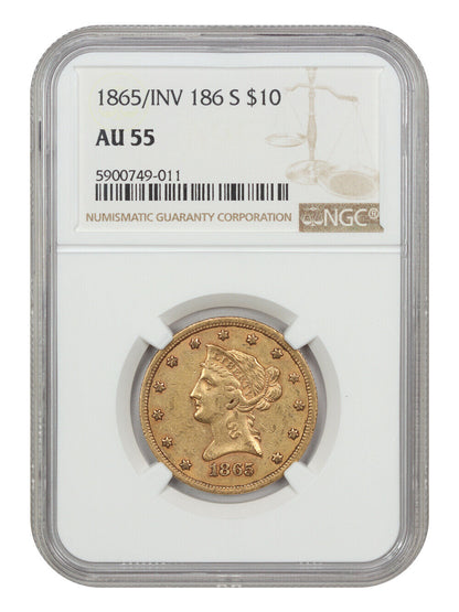 1865-S $10 NGC AU55 (865/Inverted 186) ex: D.L. Hansen