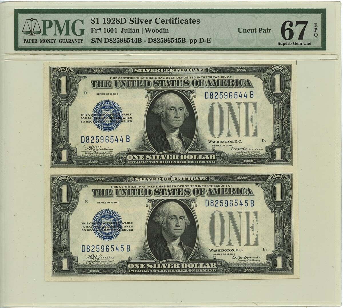 $1 1928D Silver Certificate FR#1604 PMG Superb Gem 67 EPQ