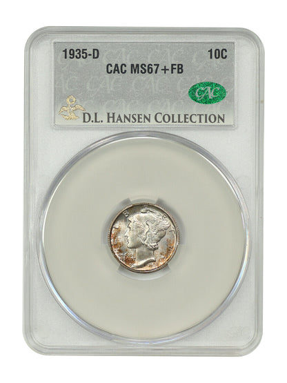 1935-D 10C CACG MS67+FB ex: D.L. Hansen - Mercury Dime