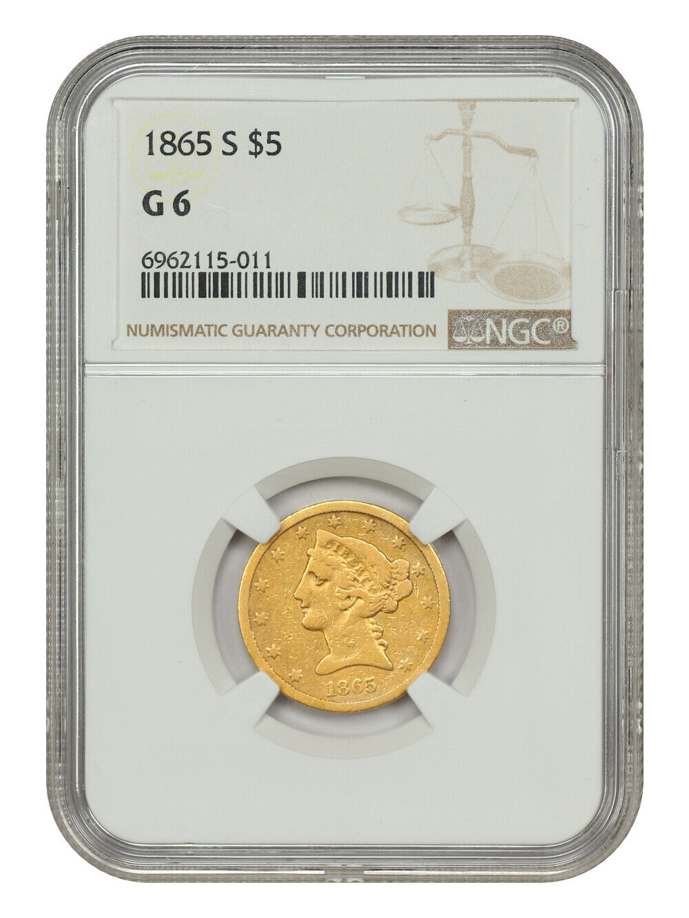 1865-S $5 NGC Good 06 - Liberty Head $5 - Low Mintage Date