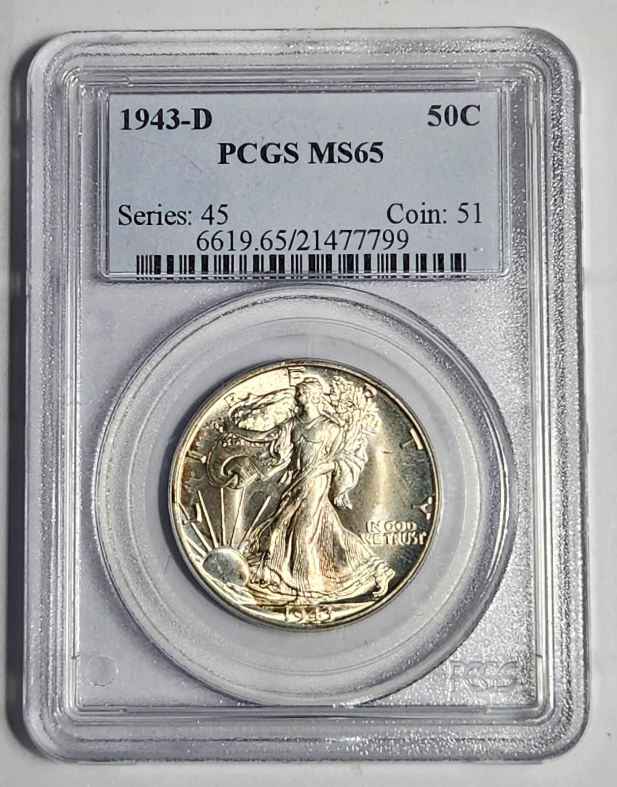 1943 D Walking Liberty Half Dollar PCGS MS-65