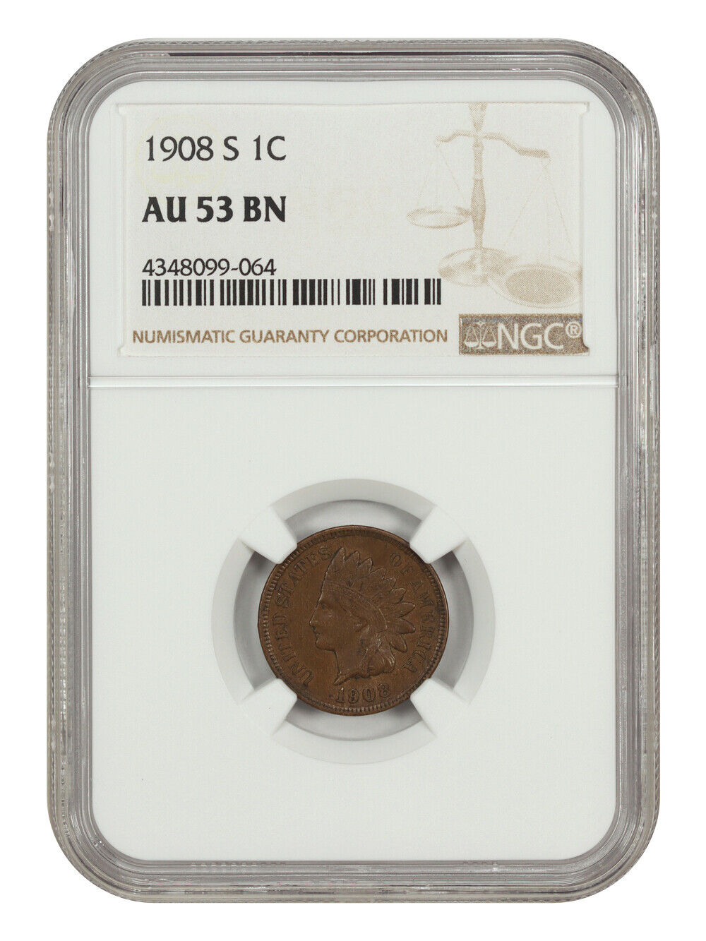 1908-S 1C NGC AU53 - Indian Cent - Popular Key Date