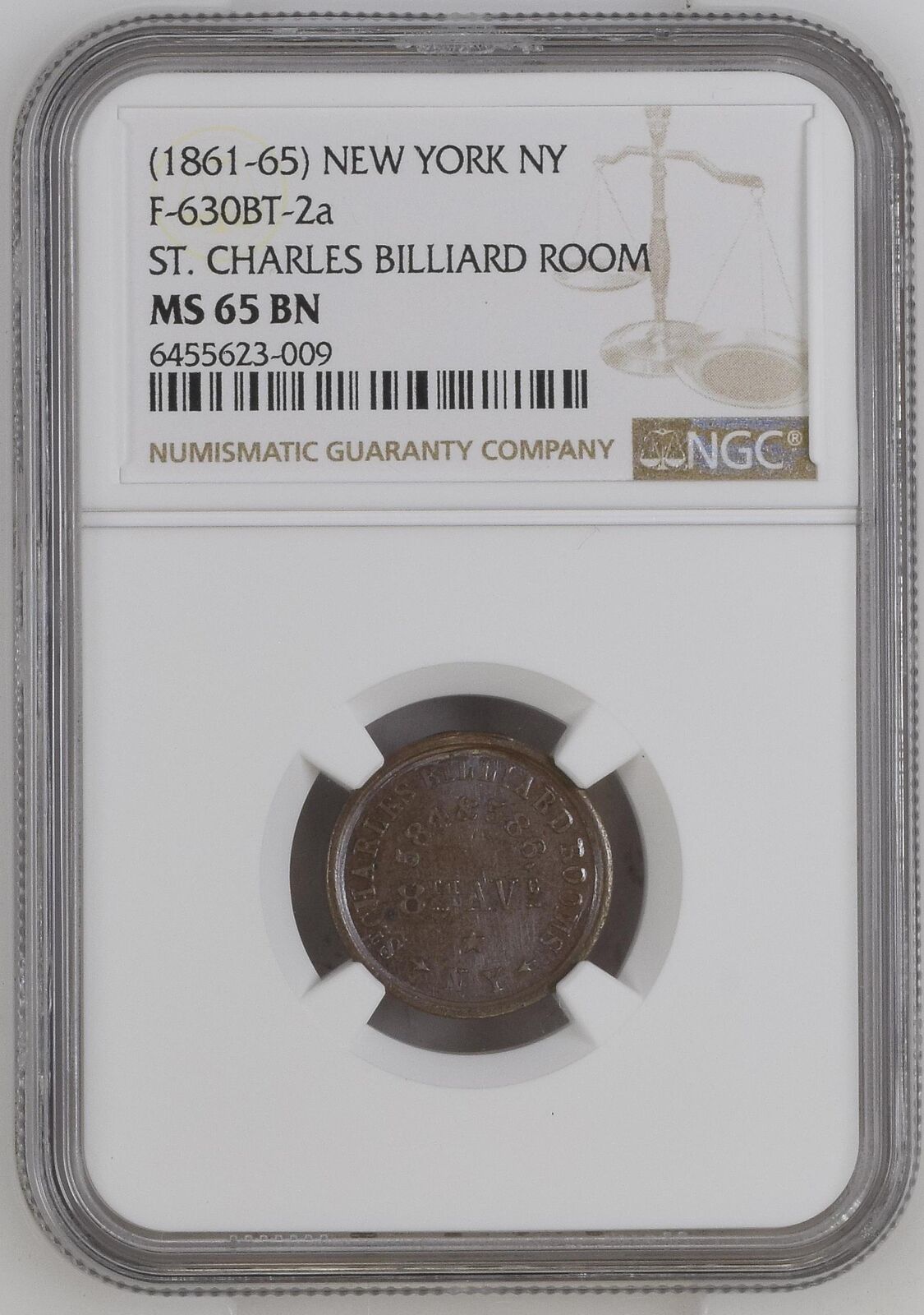 1861 Civil War Tokens New York NGC MS-65 BN F-630BT-2a ST. CHARLES BILLIARD ROOM