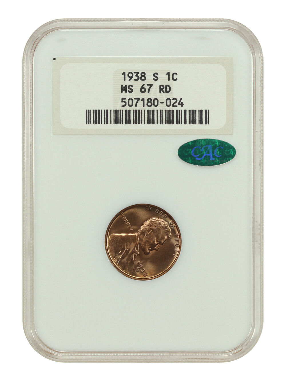 1938-S 1C NGC/CAC MS67RD (OH) - Lincoln Cent (Wheat Reverse)