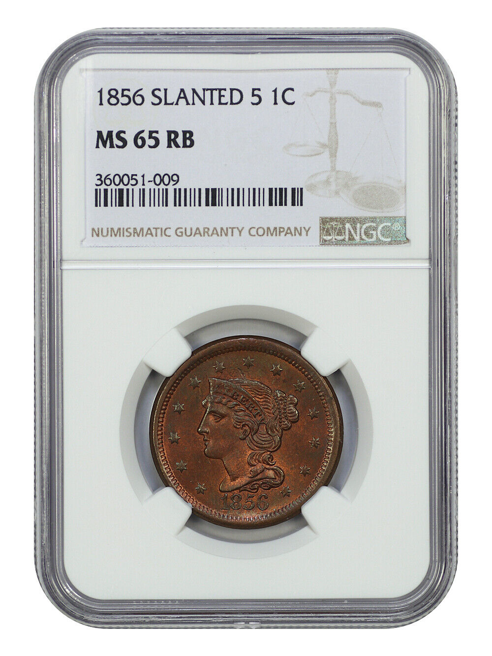 1856 1C NGC MS65RB (Slanted 5) - Braided Hair Cent - Plenty of Red