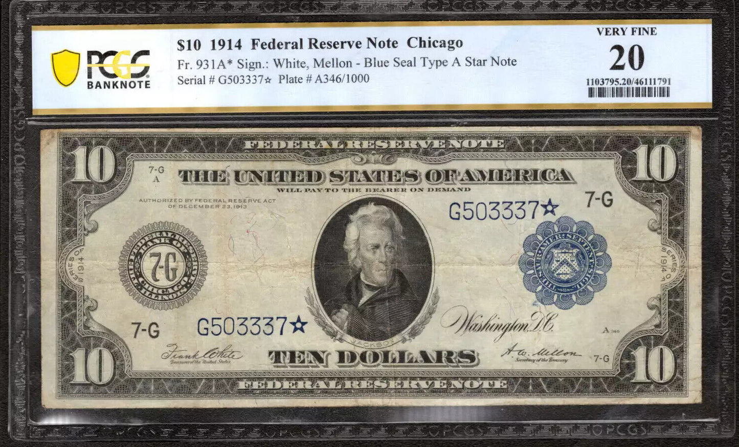 1914 $10 FEDERAL RESERVE STAR NOTE FR.931a* CHICAGO PCGS VF 20 VERY FINE (337*)