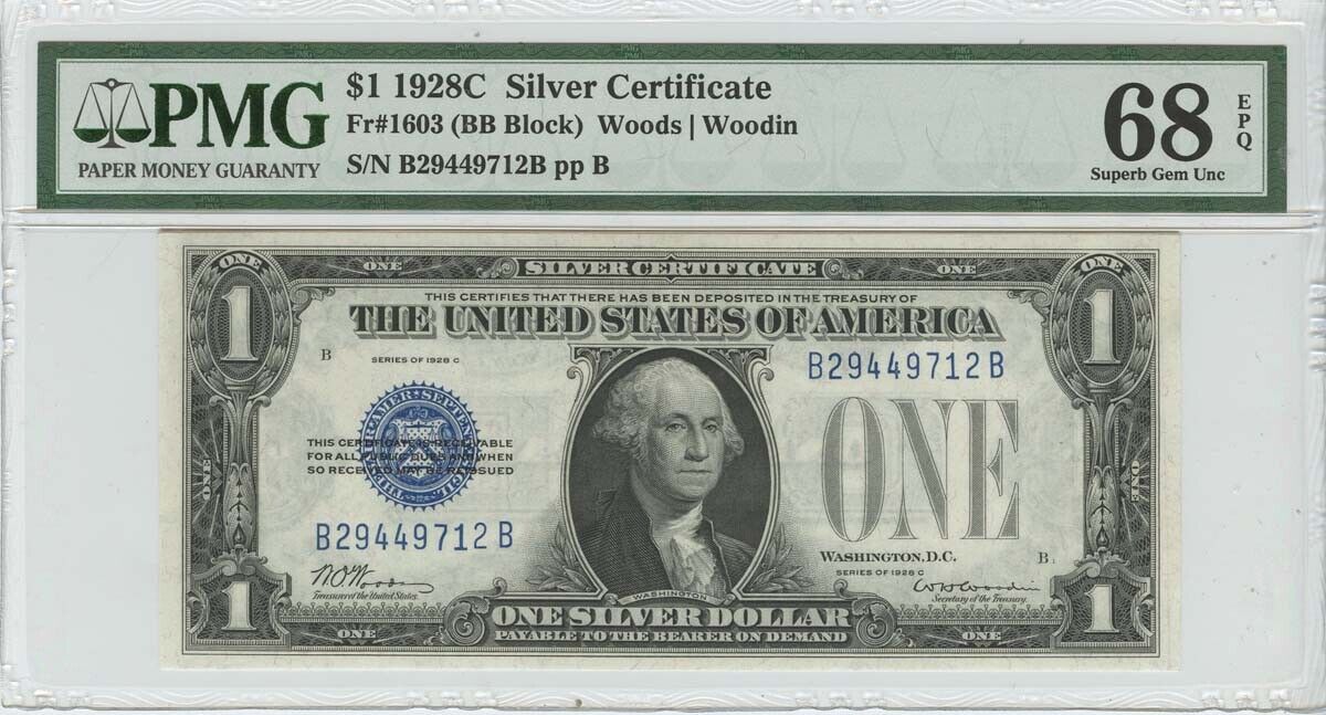 1928-C $1 Siver Certificate FR 1603 PMG Superb Gem 68 EPQ BB Block