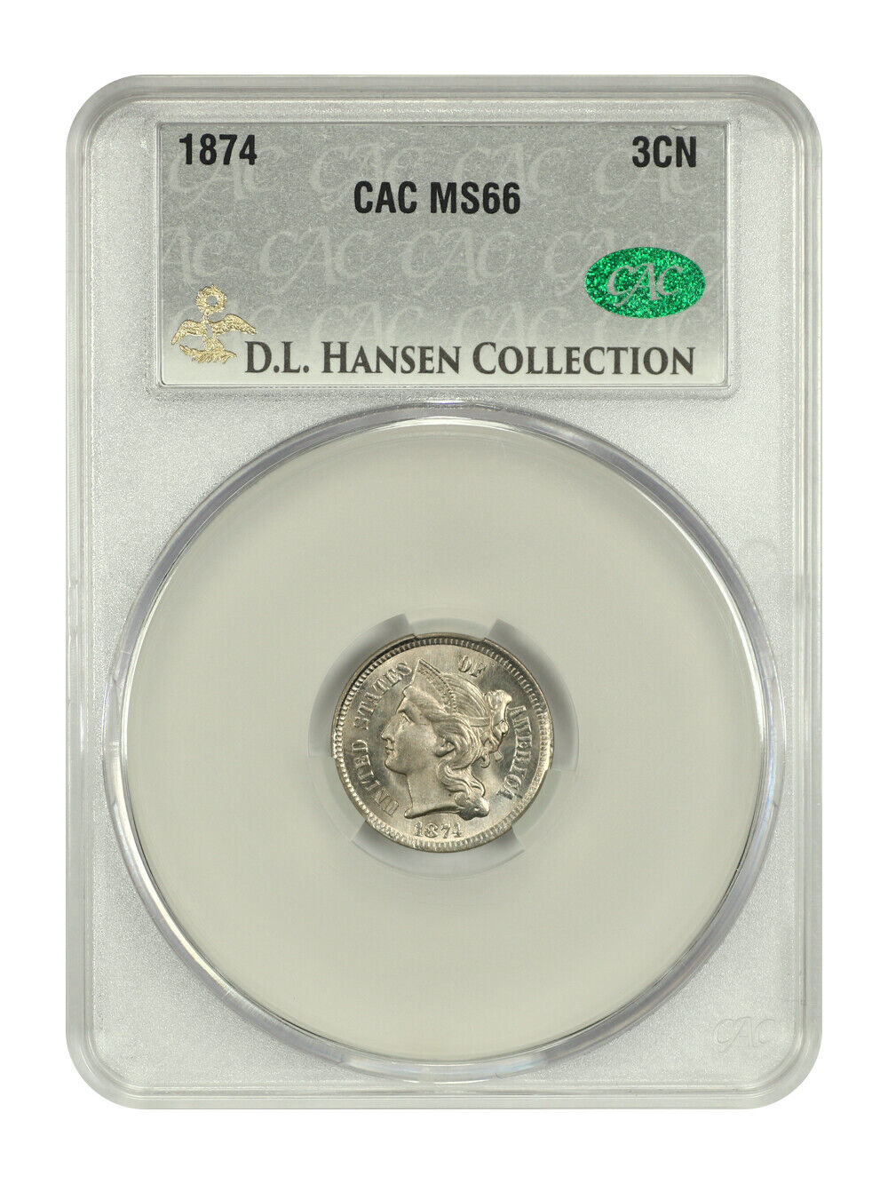 1874 3CN CACG MS66 ex: D.L. Hansen - Three Cent Nickel