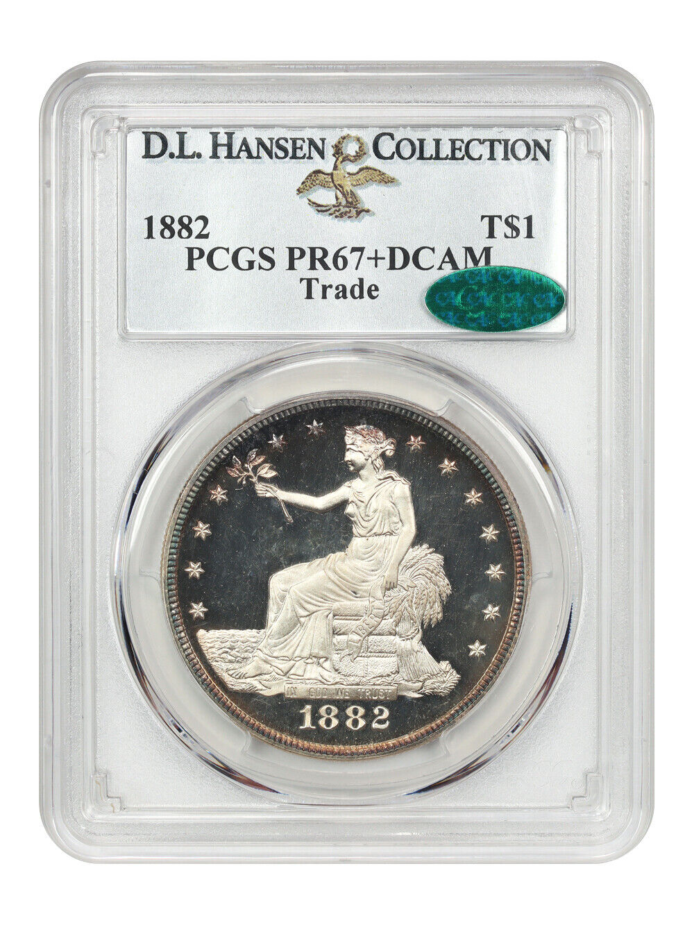 1882 Trade $1 PCGS/CAC PR67+DCAM ex: D.L. Hansen