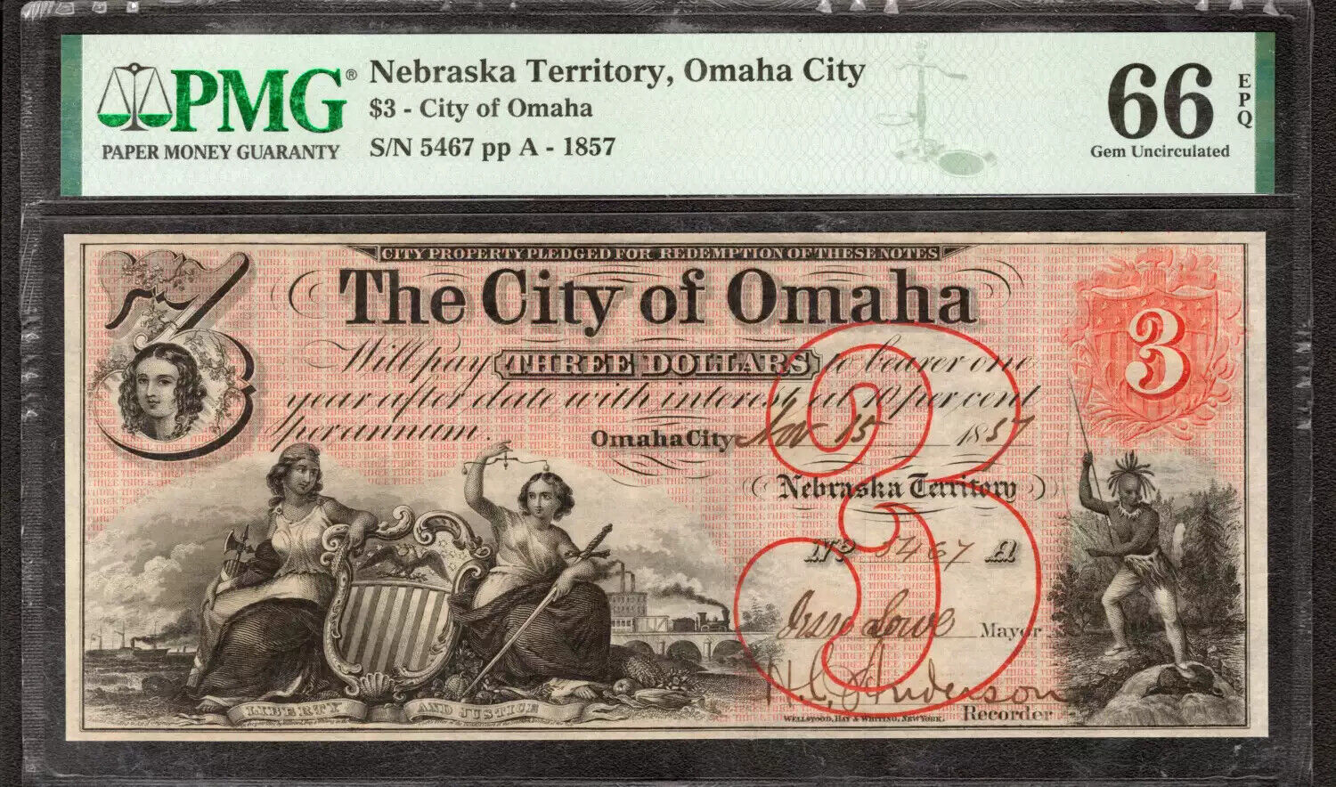 1857 $3 CITY OF OMAHA NEBRASKA TERRITORY OBSOLETE NOTE PMG GEM UNC 66 EPQ