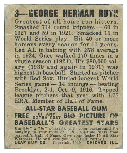 1948-49 Leaf Gum Co. #3 Babe Ruth SGC 1