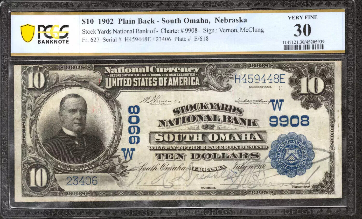 1902 PB $10 STOCK YARDS NATIONAL BANKNOTE SOUTH OMAHA NEBRASKA PCGS B VF 30