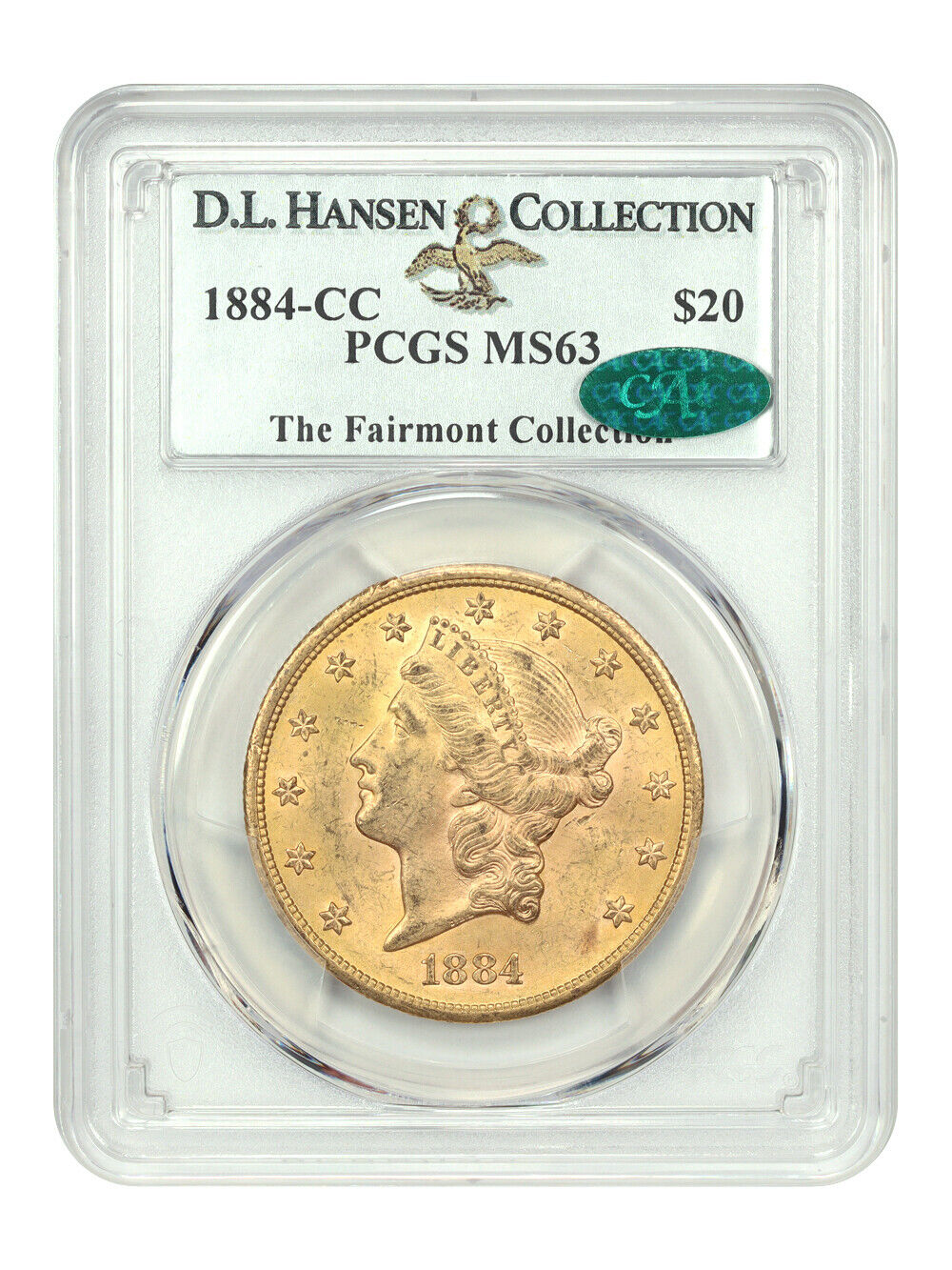 1884-CC $20 PCGS/CAC MS63 ex: D.L. Hansen