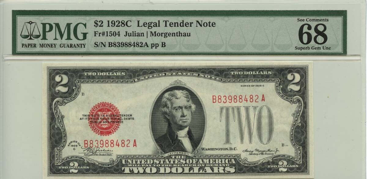 1928C $2 Legal Tender Note Red Seal Fr# 1504 PMG Superb Gem 68