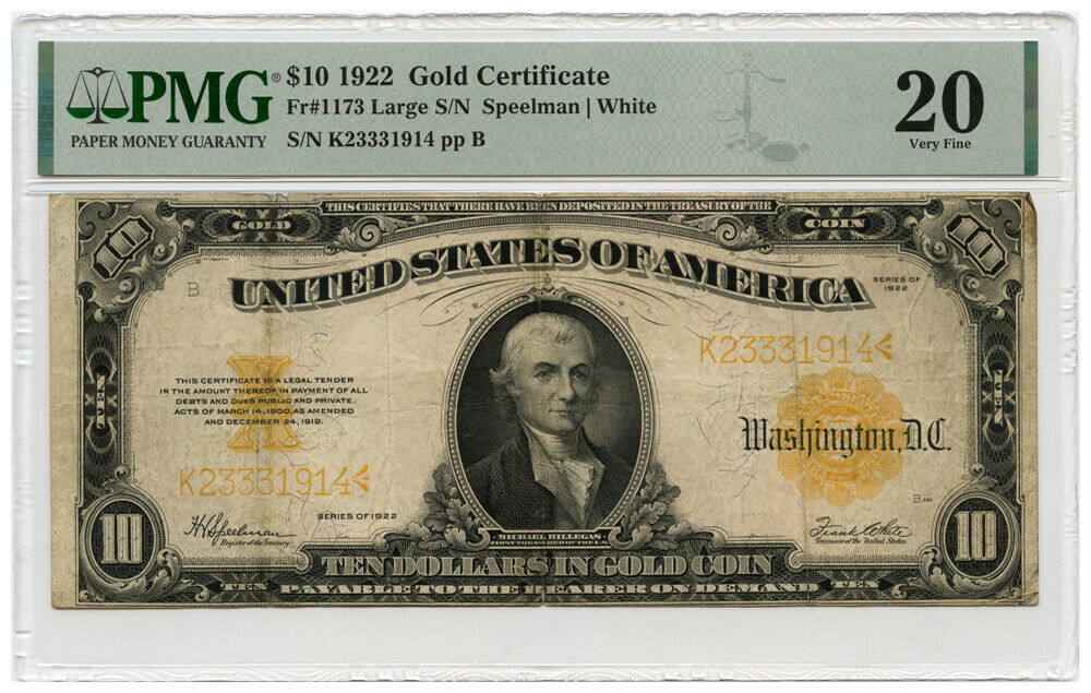 FR. 1173 1922 $10 Gold Certificate PMG VF20 (Large S/N, Stained) - Other