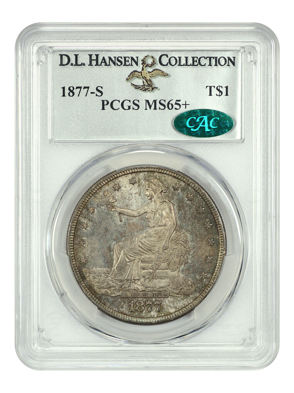 1877-S Trade $1 PCGS/CAC MS65+ ex: D.L. Hansen