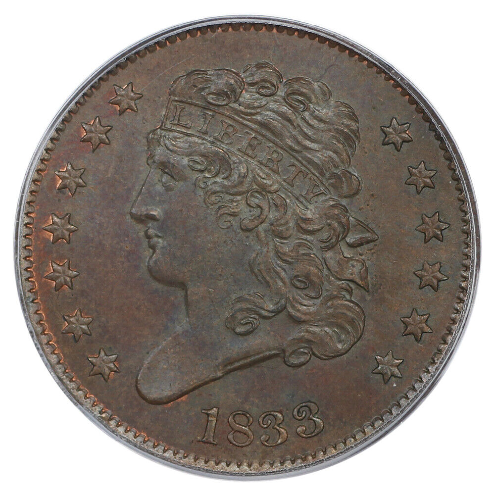 1833 1/2C PCGS/CAC MS66BN