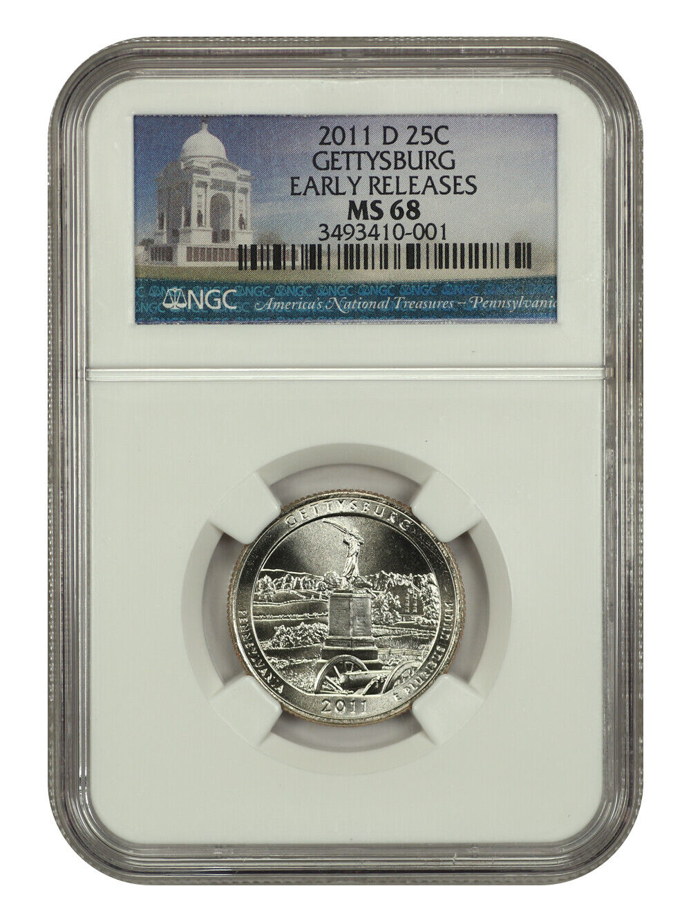 2011-D 25C Gettysburg NP NGC MS68 - Type 1 - Clad