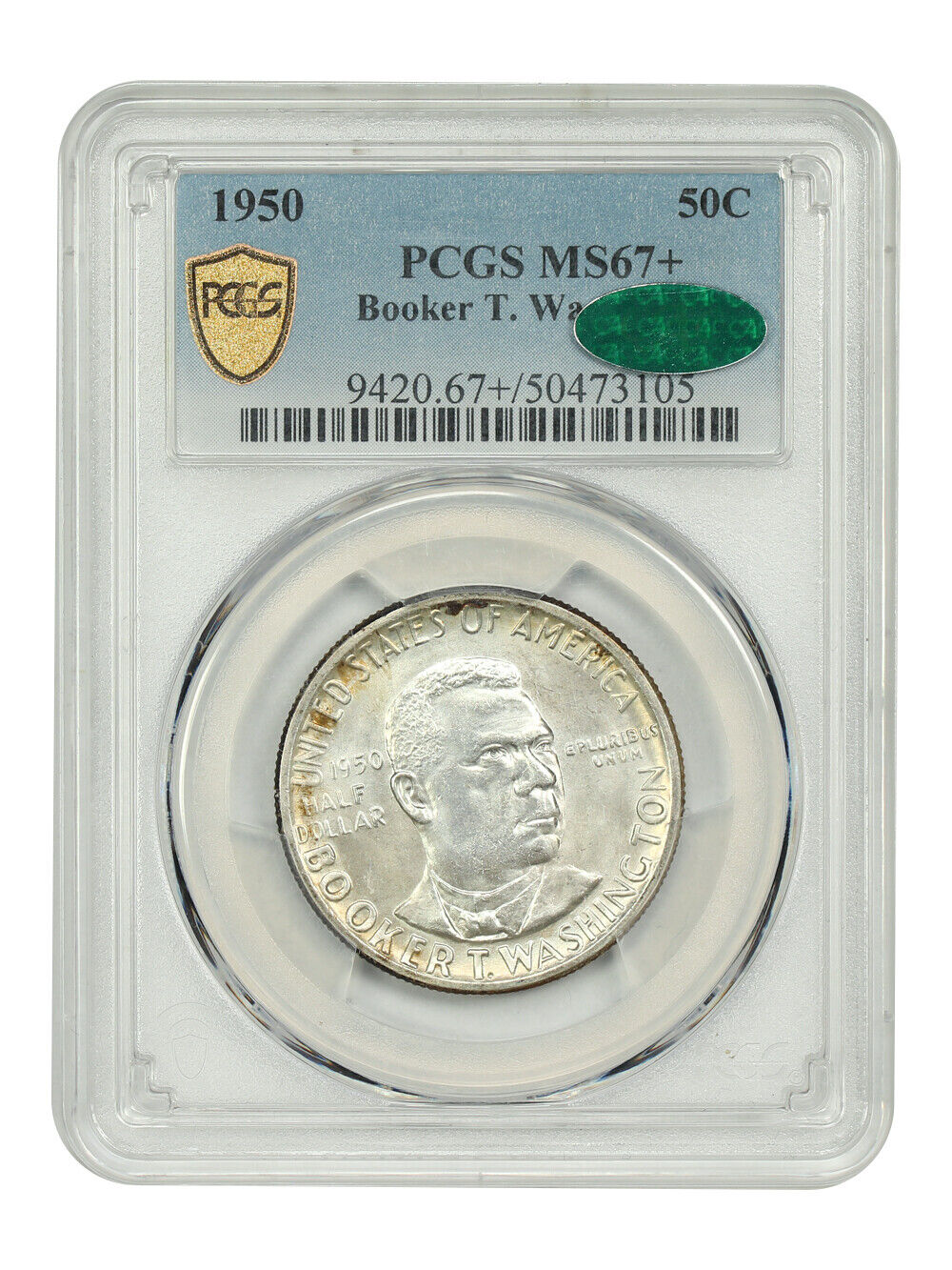 1950 50C Booker T. Washington PCGS/CAC MS67+ - Classic Silver Commemorative