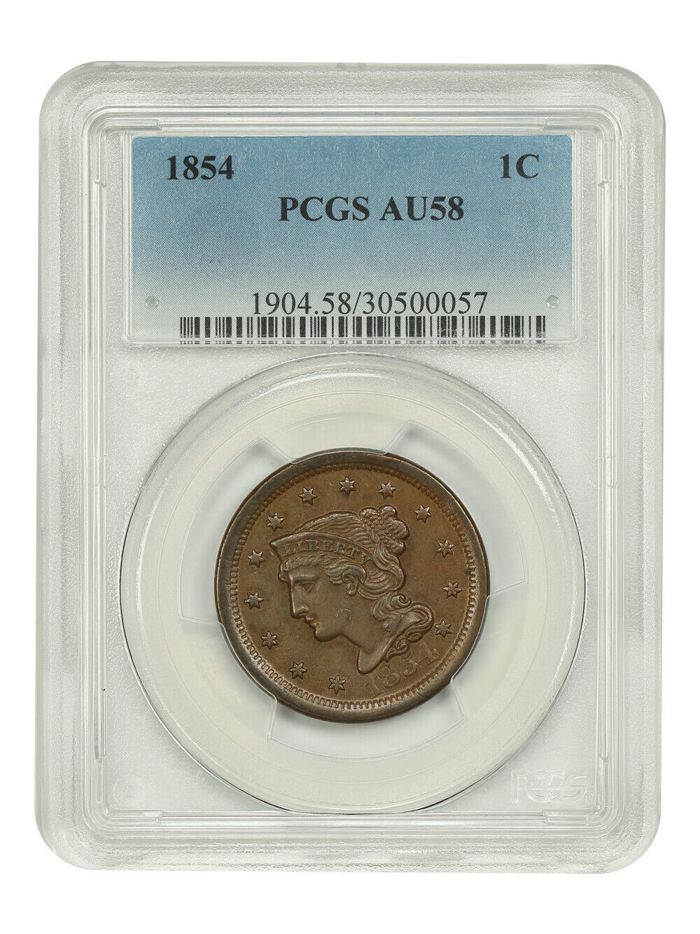 1854 1C PCGS AU58 - Braided Hair Cent