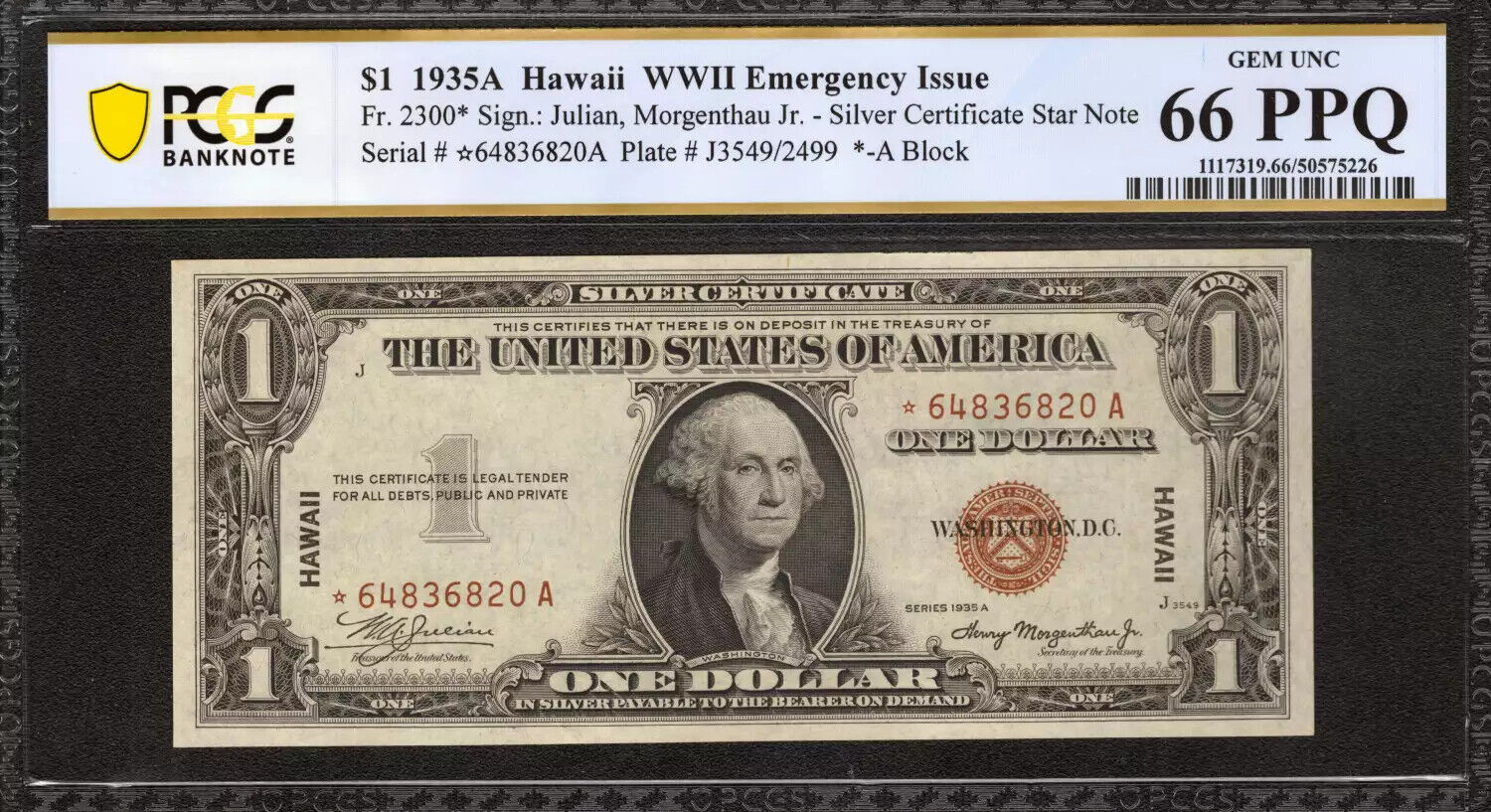 1935 A $1 SILVER CERTIFICATE STAR NOTE FR.2300* HAWAII PCGS GEM UNC 66 PPQ (820A