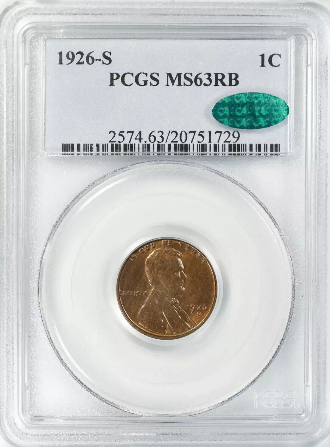 1926 S LINCOLN WHEAT CENT PENNY 1C PCGS & CAC CERTIFIED MS 63 RB MINT UNC (729)