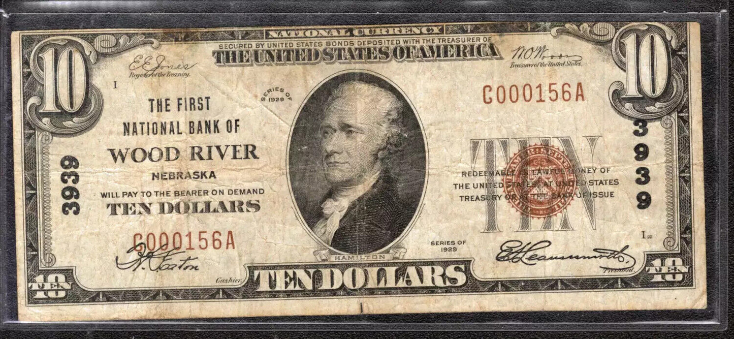 1929 $10 FIRST NATIONAL BANKNOTE CURRENCY WOOD RIVER NEBRASKA (156A)