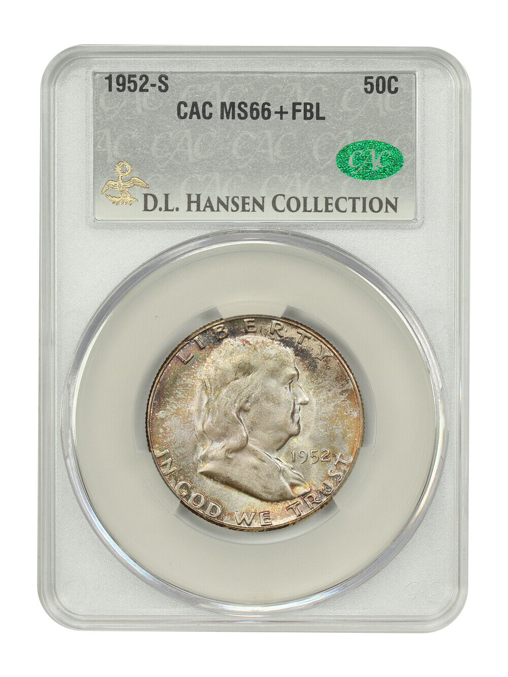 1952-S 50C CACG MS66+FBL ex: D.L. Hansen - Franklin Half Dollar