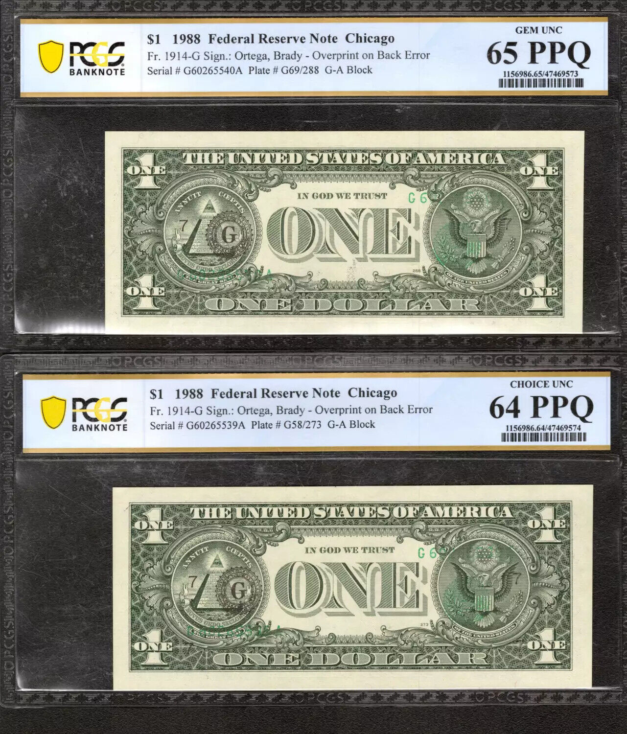 1988 $1 FRN CHICAGO SEQUENTIAL OVERPRINT ON BACK ERROR NOTES PCGS B 64 / 65 PPQ