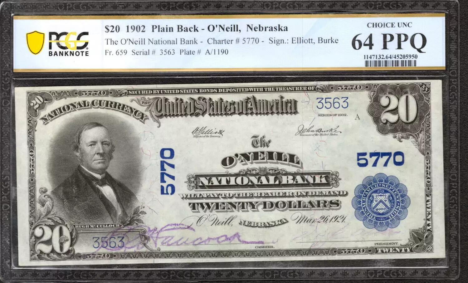 1902 $20 NATIONAL BANKNOTE CURRENCY FR.659 O'NEILL NEBRASKA PCGS CU 64 PPQ (563)